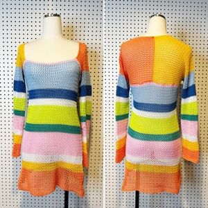 Crochet Colorful Rainbow Knit Striped Square Neck Mini Sweater Dress